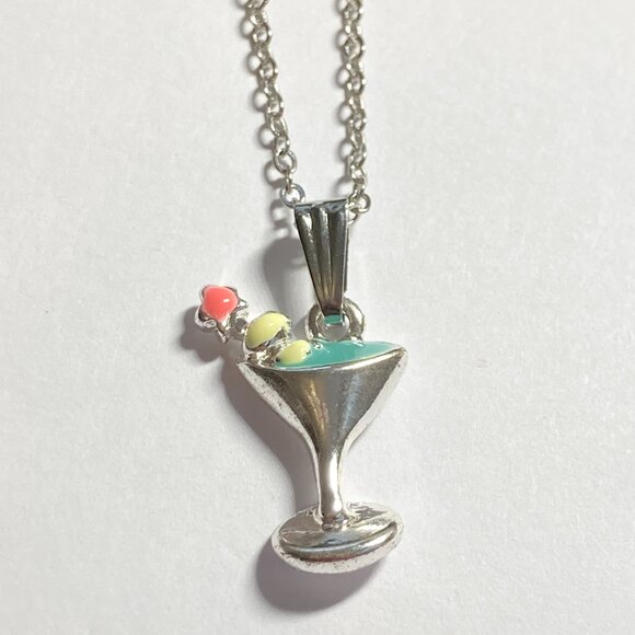 Martini Cocktail Drink Cup Glass Charm Necklace Pendant Aqua Enamel 18" Chain - Picture 4 of 9